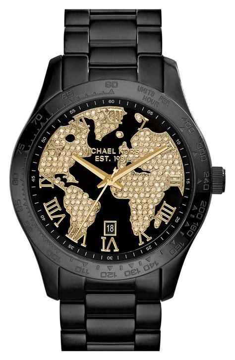 michael kors layton world atlas pave dial ss quartz men